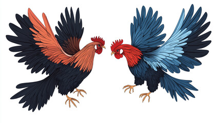 Obraz premium A pair of roosters, with red and blue feathers, spread their wings to fight in the air.