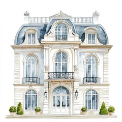 Fototapeta premium An elegant palace facade, classical European architecture, watercolor style, pastel tones, isolated on white background 