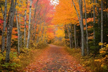 Obraz premium Autumnal Pathway Through Vibrant Foliage