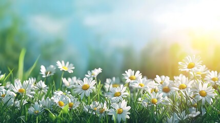 Beautiful spring landscape with a blue sky green grass with white flowers