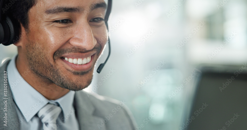 Poster man, call center and smile with computer, headset and customer service with reading in modern office
