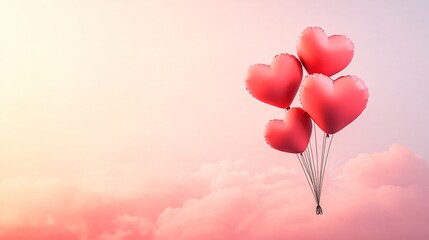 Obraz premium Valentine's Day Concept with Heart-Shaped Balloons, Pink Cloudy Sky, and Radiant Sunburst