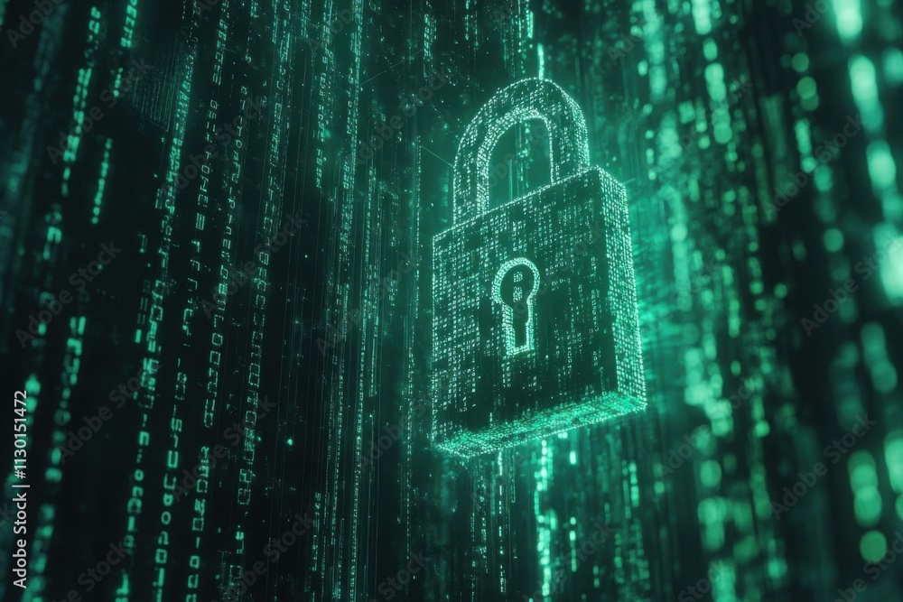 Aufkleber digital security: a glowing padlock in a matrix of code