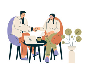 Fototapeta premium Man and Woman Character Shaking Hands after Completed the Deal Vector Illustration