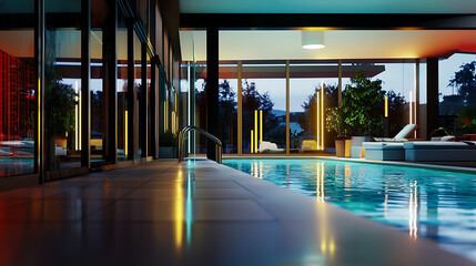 Fototapeta premium A large, modern swimming pool with a glass wall and a potted plant