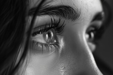 Fototapeta premium Intriguing Close-Up: Black and White Portrait of a Woman's Eyes, Captivating Gaze and Subtle Emotions