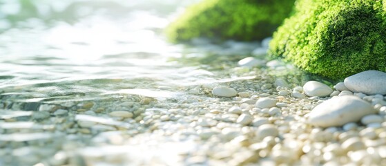 The river bed is calm with clear, shallow water revealing the fine gravel beneath, background wallpaper AI generated image