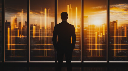 Fototapeta premium Abstract business man stands on the peak of success amid tall, innovative Smart city and graphs with statistics to analyze business potential and predict future developments in company growth.