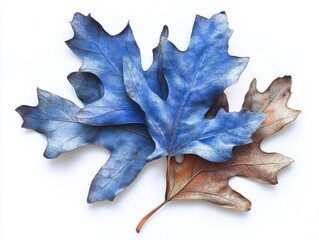 Fototapeta premium Three Blue Oak Leaves on White Background
