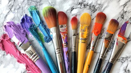 Obraz premium Assorted paintbrushes dipped in vivid colors, laid out beside a palette knife