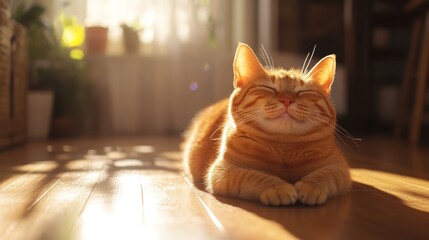 Chubby orange cat relaxing in a sunbeam on a wooden floor, peaceful indoor vibe 