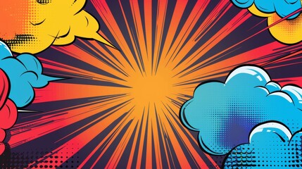Obraz premium Vibrant Comic Book Style Explosion Background with Colorful Clouds and Dynamic Rays