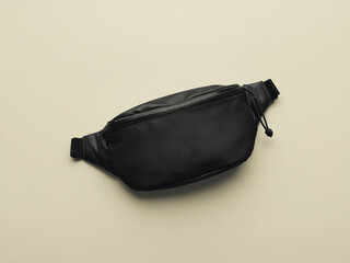 Black blank Fanny pack mockup.Eco friendly stylish trendy Waist pack Zippered Fanny Pack laying flat
