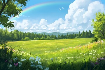 Fototapeta premium Serene Summer Meadow Landscape with Rainbow