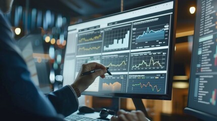 Analyzing Financial Data: A Business Professional Reviews Market Trends on Multiple Monitors