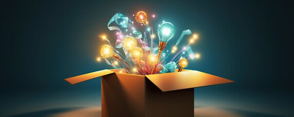 Bright ideas burst out of a cardboard box in a creative display of light and color at night