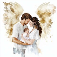 Family embraces new life with angelic wings in soft watercolor depiction
