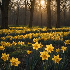 Obraz premium A field of bright golden daffodils in the early morning.