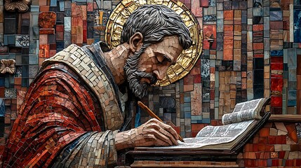Mosaic of Saint Augustine writing his confessions, surrounded by a detailed library of mosaic books, rich red and gold tiles, thoughtful expression on his face,