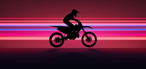 Fototapeta premium Silhouette of a motorcyclist against vibrant neon speed lines.