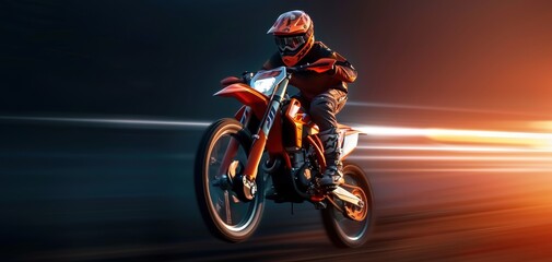 Fototapeta premium Dynamic motorcycle rider speeding through a dark backdrop with motion blur effects.