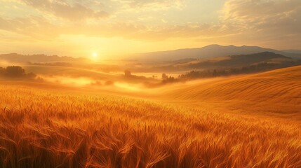 Golden sunrise over misty wheat field and rolling hills.