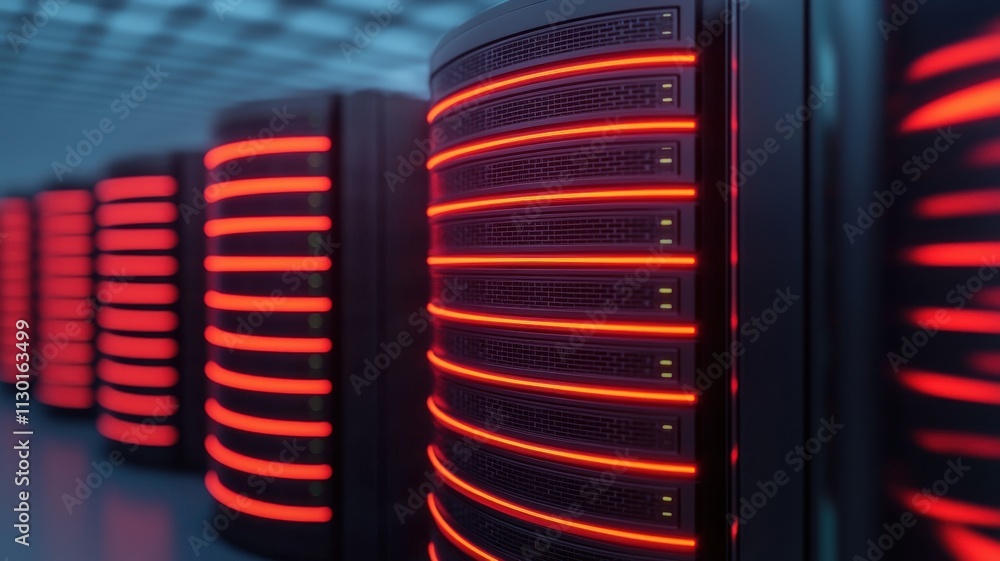 Poster a futuristic data center featuring rows of sleek servers with glowing red lights, showcasing advance