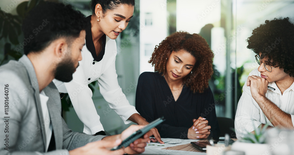 Poster Documents, project management and tablet with business people in office for design discussion. App analytics, meeting and web development with employee team in workplace for planning or strategy