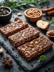 Fototapeta premium Delicious Homemade Nut and Seed Bars with Spices on Dark Background.