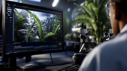 Fototapeta premium Scientist Analyzing Plant Specimen on Computer Screen in Laboratory Setting
