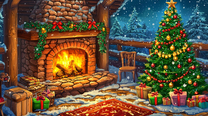 Fototapeta premium Cozy cabin with a fireplace, Christmas tree, and presents..