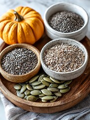 Obraz premium Assorted Seeds and Pumpkin on Wooden Tray Healthy Eating and Autumnal Harvest Concept.
