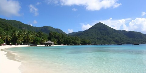 Spectacular view of Anse Lazio beach on Praslin Island, Seychelles with crystal clear waters and lush greenery in the background, shore, relaxation