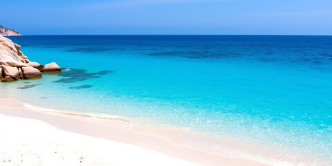 Fototapeta premium Spectacular view of Capo Bianco Beach in Portoferraio, Elba Island, Tuscany, Italy with crystal clear waters and white sand, scenic, italy