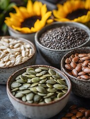 Fototapeta premium Assorted Bowls of Seeds with Sunflowers in the Background.