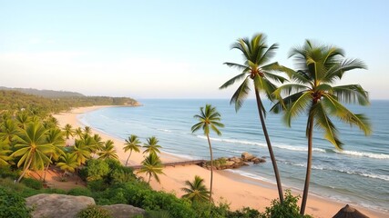 Fototapeta premium Spectacular view of the serene Palolem Beach in Goa, India with golden sands, crystal clear waters, and lush palm trees, destination, beach