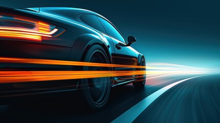 Naklejka premium Sleek black sports car in motion with light trails on a winding road at dusk.