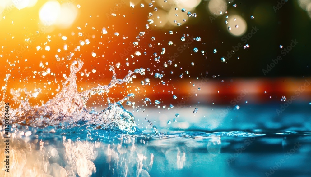 Poster a close-up view of water splashes reflecting sunlight, creating a vibrant and refreshing scene by a 