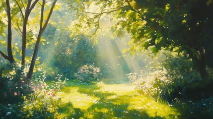Impressionist-style garden painting with soft, dappled sunlight filtering through the trees