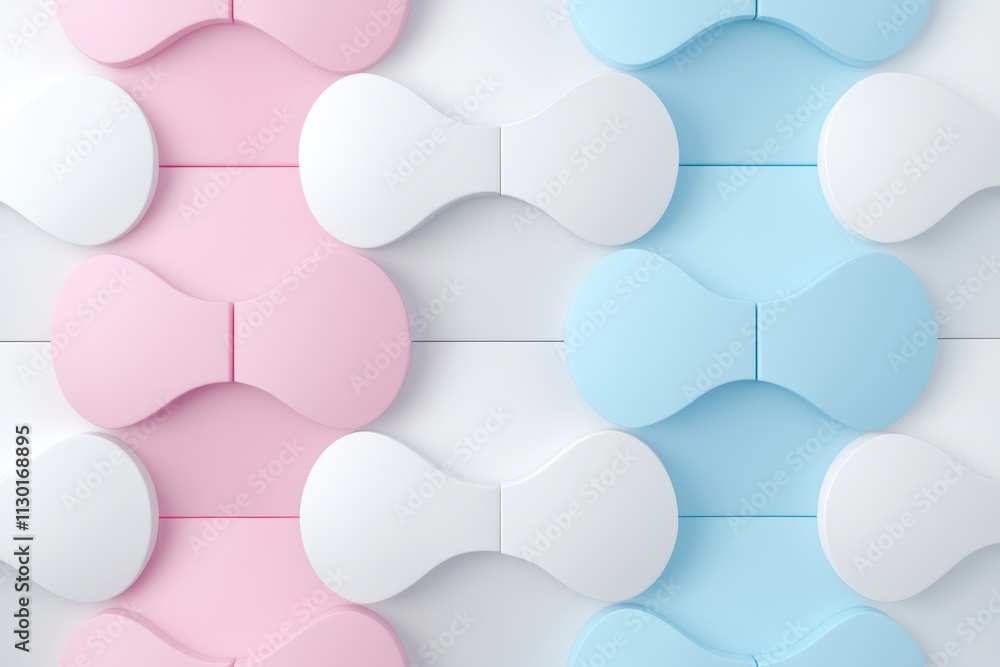 Poster a visually appealing pattern of interlocking pastel-dyed shapes in pink and blue, creating a modern 