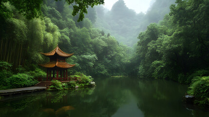 Fototapeta premium serene Chinese pagoda by tranquil lake surrounded by lush greenery, creating peaceful atmosphere