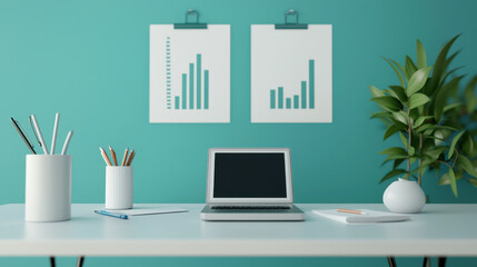 Fototapeta premium modern office scene featuring laptop, stationery, and graphs on wall, creating productive atmosphere. turquoise background adds refreshing touch