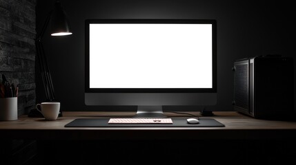 Fototapeta premium Night Workspace: Illuminated Desktop Computer Setup