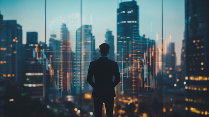 Fototapeta premium Abstract business man stands on the peak of success amid tall, innovative Smart city and graphs with statistics to analyze business potential and predict future developments in company growth.