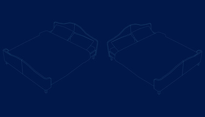 Double bed with bedspread and two pillows in blue isolated on dark background. Concept of bedroom, sleep