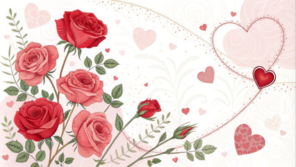 Romantic Valentine Day design featuring red and pink roses, heart shapes, and delicate floral patterns on soft background, evoking love and affection