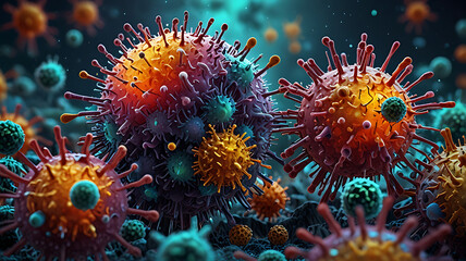 Fototapeta premium Zoomed-in depiction of viruses and germs floating in a biological environment, highlighted by their complex structures and vibrant colors.