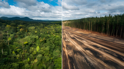 Fototapeta premium split image showing a lush, vibrant rainforest on one side and a barren, deforested landscape on the other, illustrating the impact of logging and deforestation on the planet