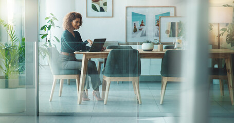 Laptop, planning and businesswoman in office for project proposal at creative startup company....