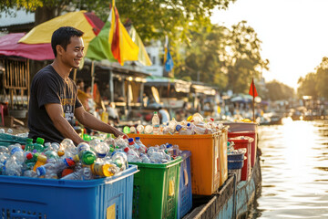 Asian community sorting plastic bottles and cans by the river, with colorful bins and smiles. Copyspace on the right. Soft, morning light. Riverside setup with traditional umbrellas and flags